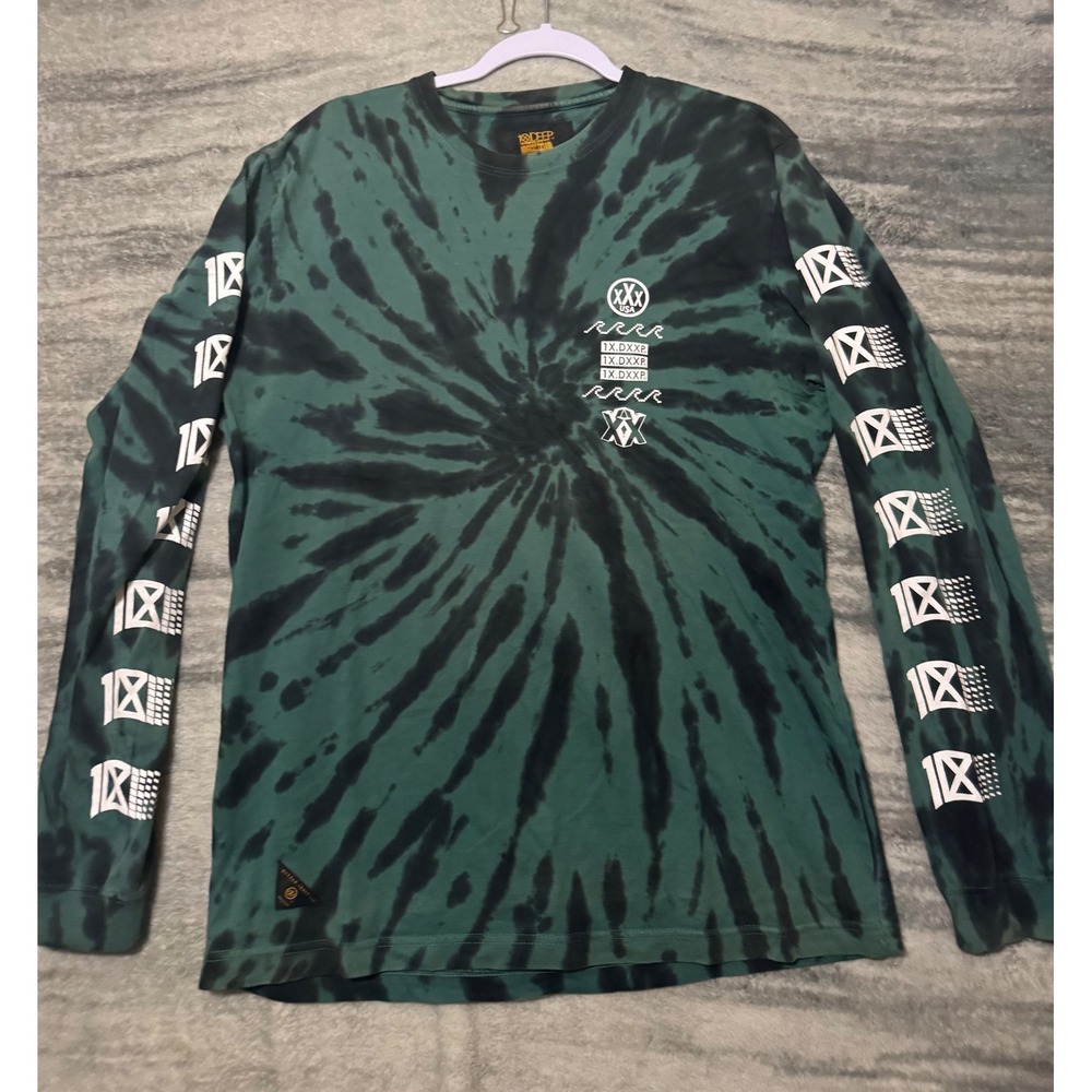 10.Deep Mens World Wave Tie Dye Long Sleeve Graphic T-Shirt Green Black Large